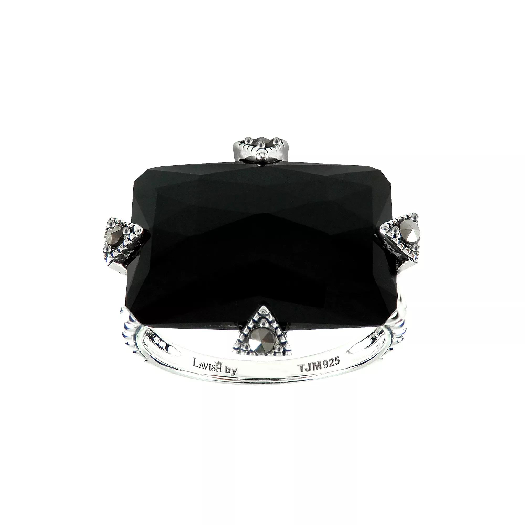Lavish by TJM Sterling Silver Onyx & Marcasite Rectangular Ring, Women's, Size: 9 Product Image