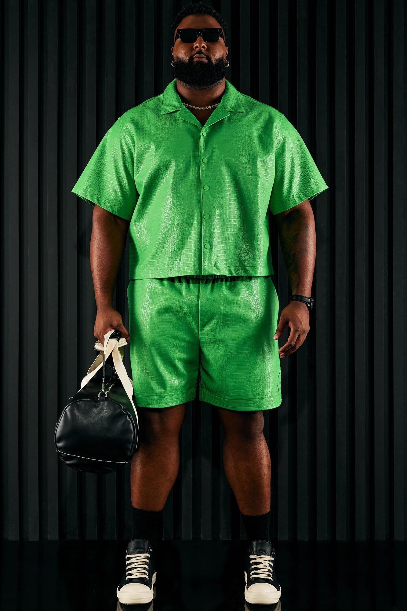 Gotta Run Faux Croc Leather Cropped Button Up Shirt - Green Product Image