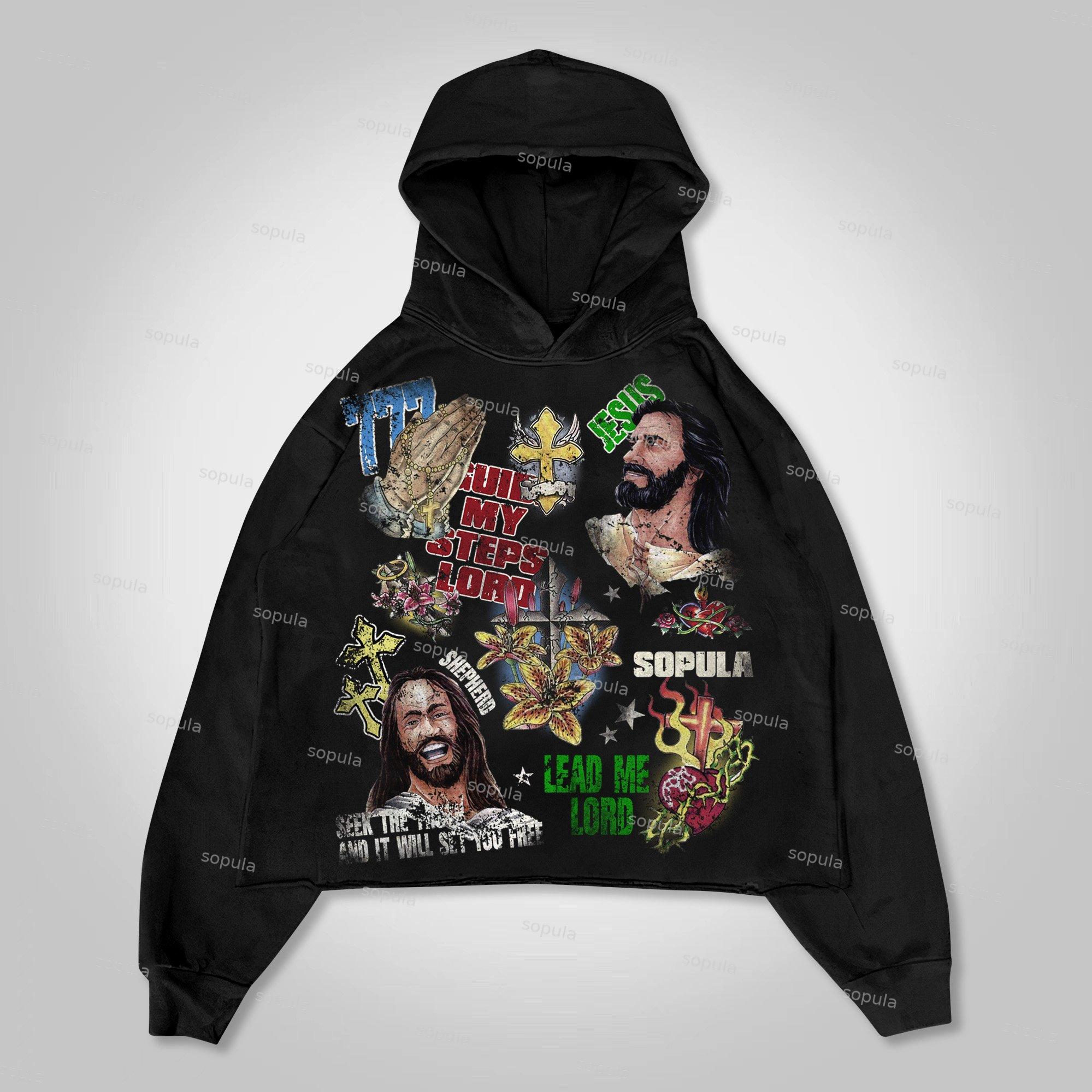 Sopula Jesus Collage Vintage Graphics Pocketless Hoodie Product Image