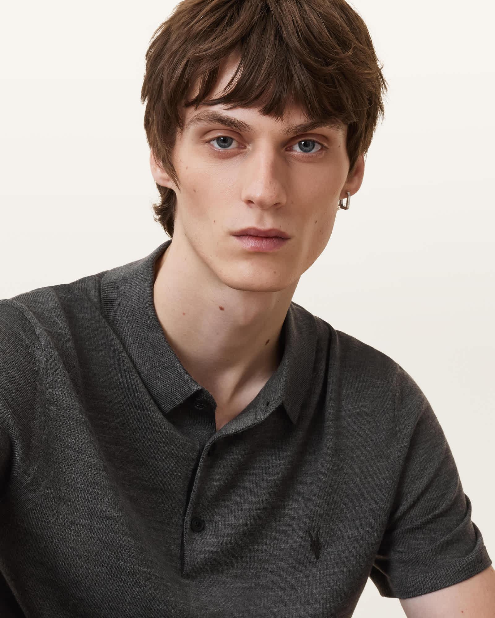 Mode Merino Short Sleeve Polo Shirt MONUMENT GREY | ALLSAINTS US Product Image