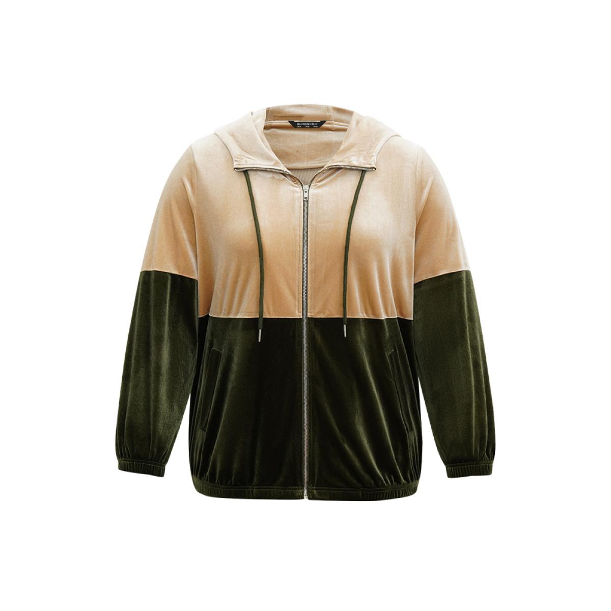 Plus Size Velvet Contrast Hooded Slant Pocket Jacket Women ArmyGreen Velvet Pocket Dailywear Jackets BloomChic 30/6X Product Image