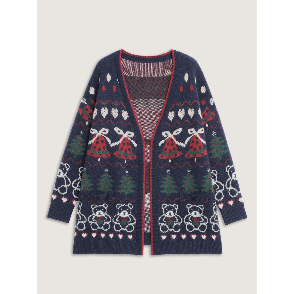 Plus Size Supersoft Festive Pattern Jacquard Pockets Knit Cardigan Indigo Women Playful Loose Long Sleeve Casual Cardigans BloomChic 28/5X Product Image