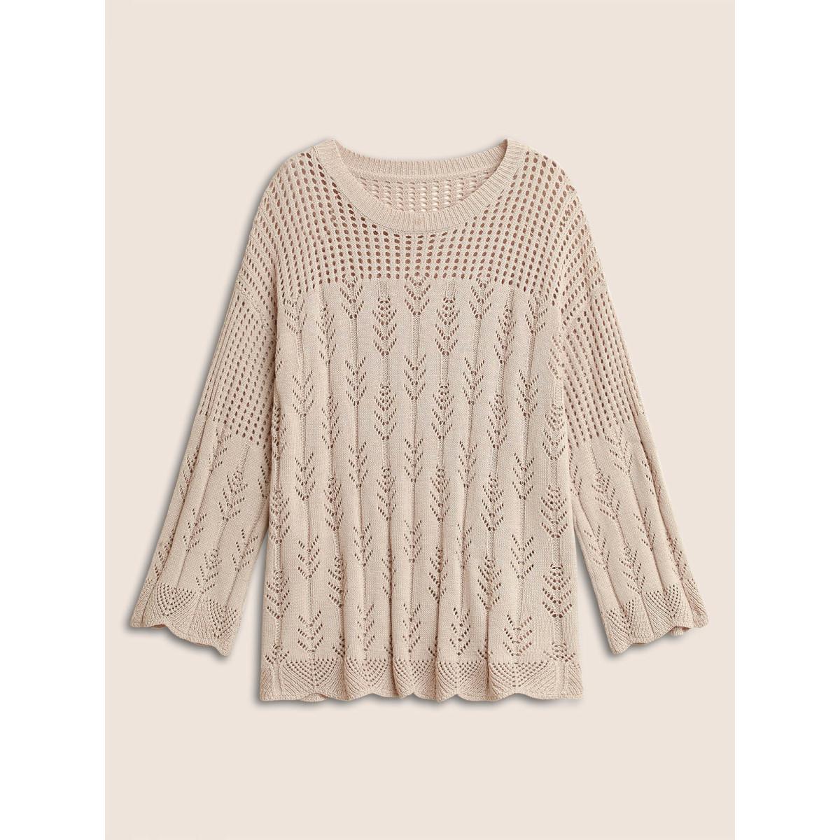 Plus Size Cotton Blended Pointelle Knit Round Neck Pullover Apricot Women Casual Long Sleeve Round Neck Everyday Pullovers BloomChic 30/6X Product Image