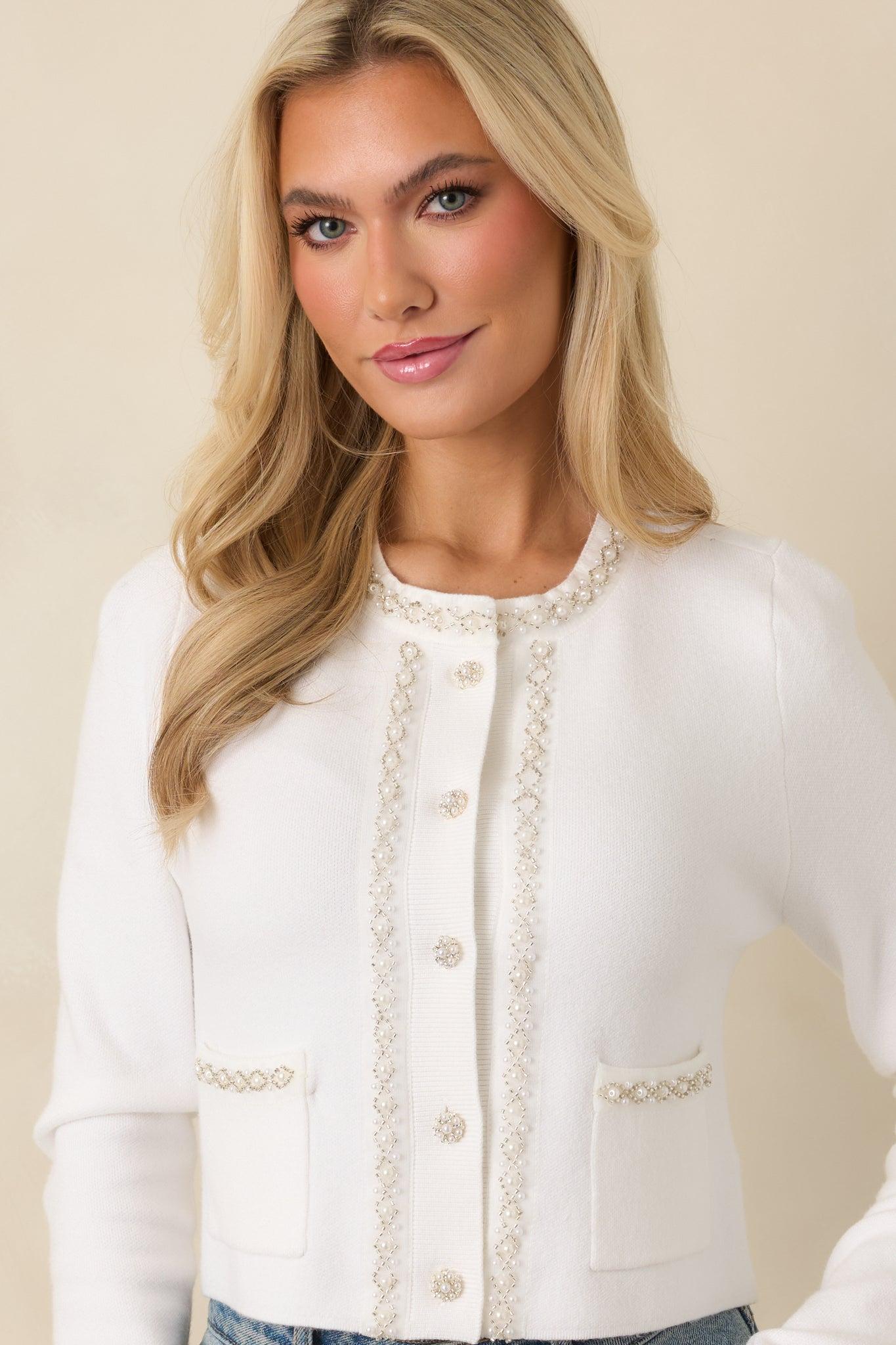 Without Question White Stretch Knit Beaded Cardigan Sweater Product Image