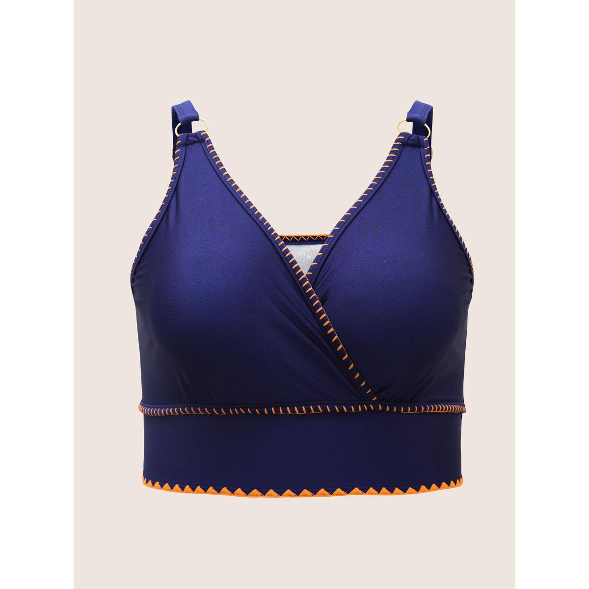 Plus Size Contrast Embroidered Wrap Buckle Detail Swim Top Women's Swimwear Navy Beach Patchwork High stretch Skinny Overlap Collar Curve Swim Tops BloomChic 18-20/2X Product Image