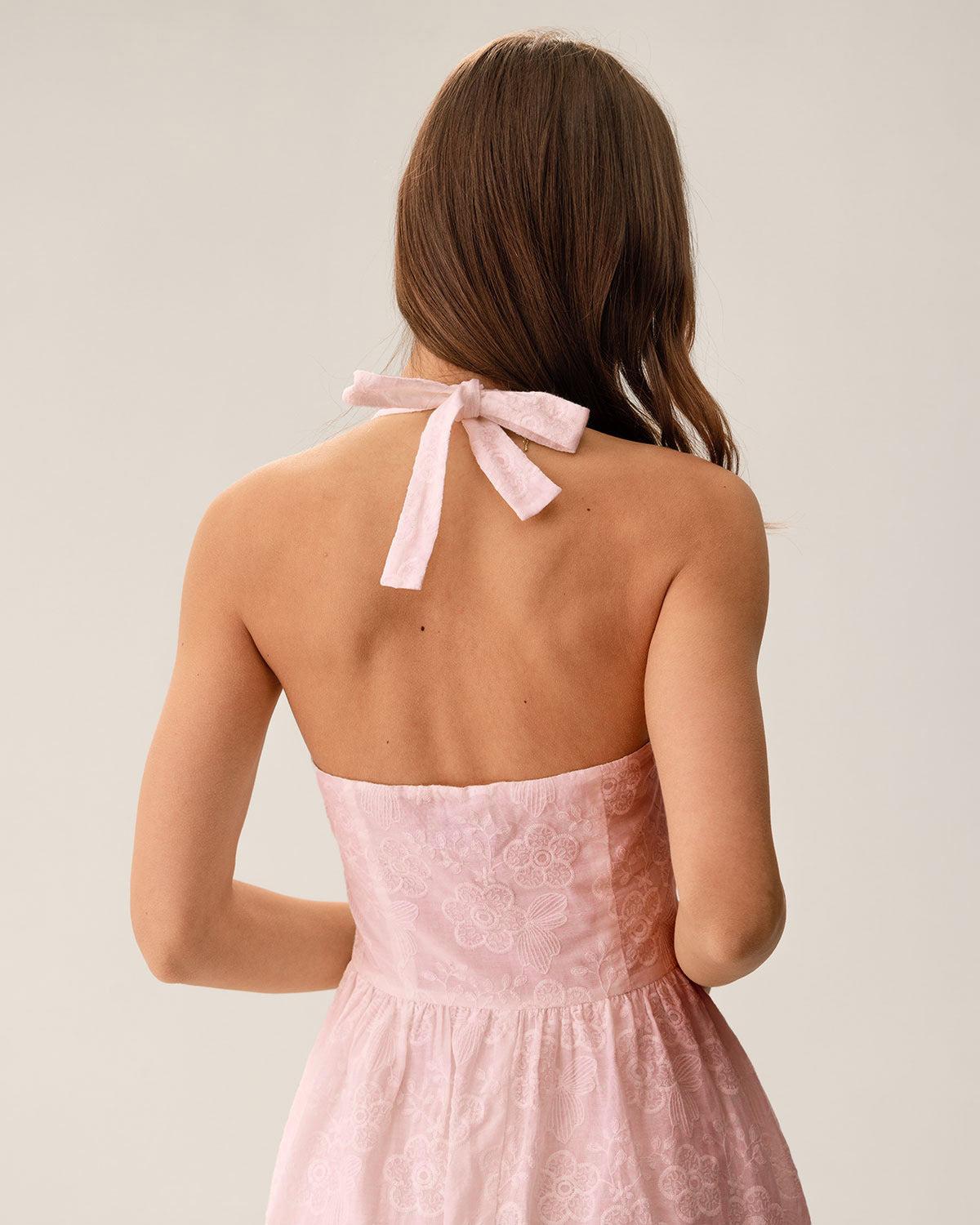Pink Embroidery Halter Midi Dress Product Image