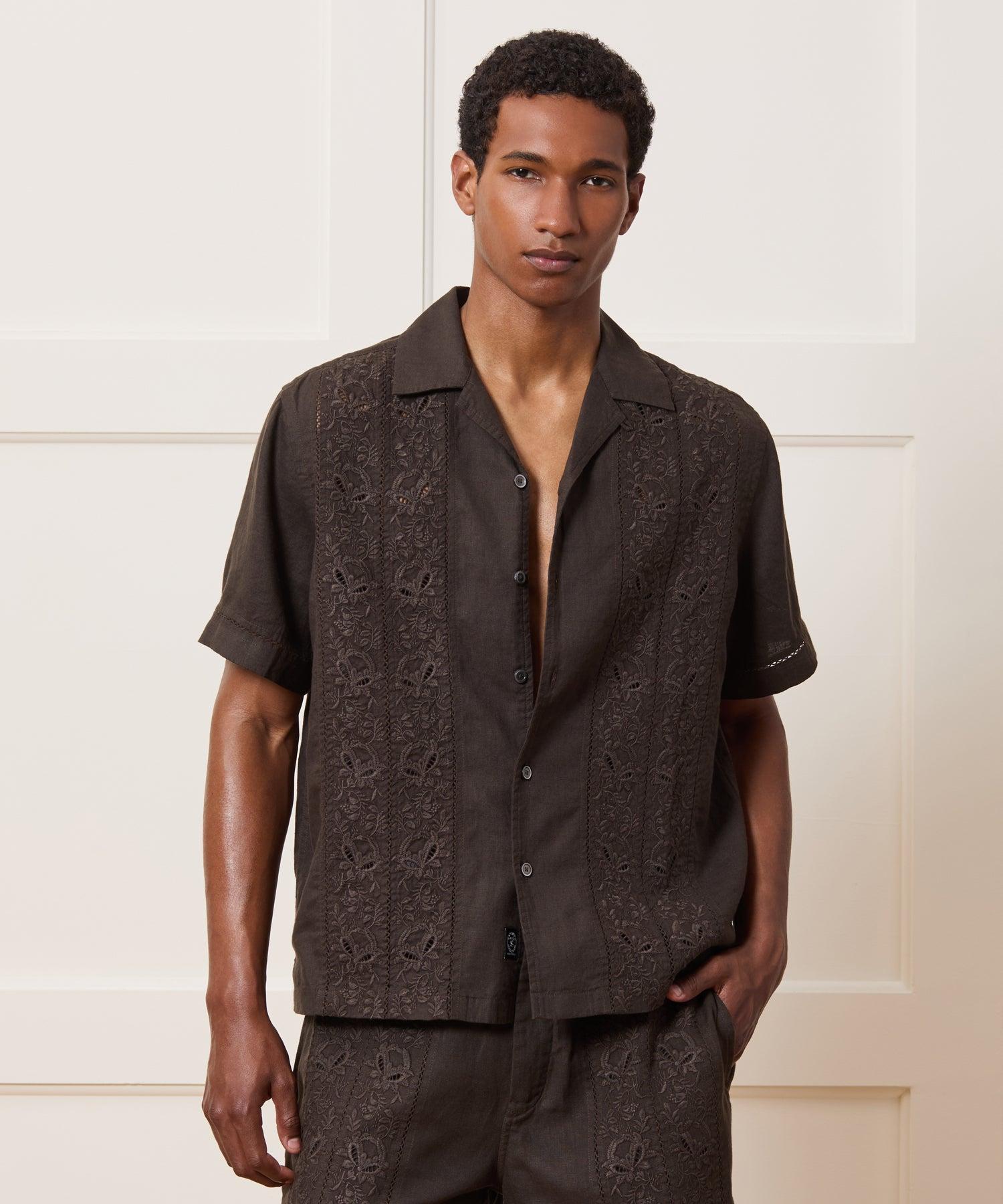 Cropped Embroidered Linen Camp Collar Shirt Product Image