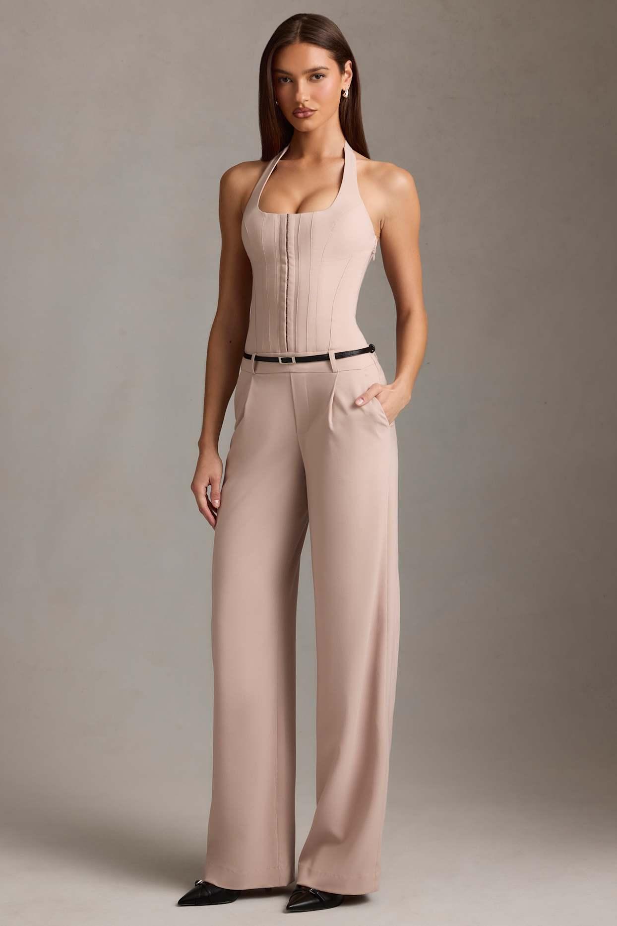 Corset-Detail Halterneck Jumpsuit in Mushroom Product Image