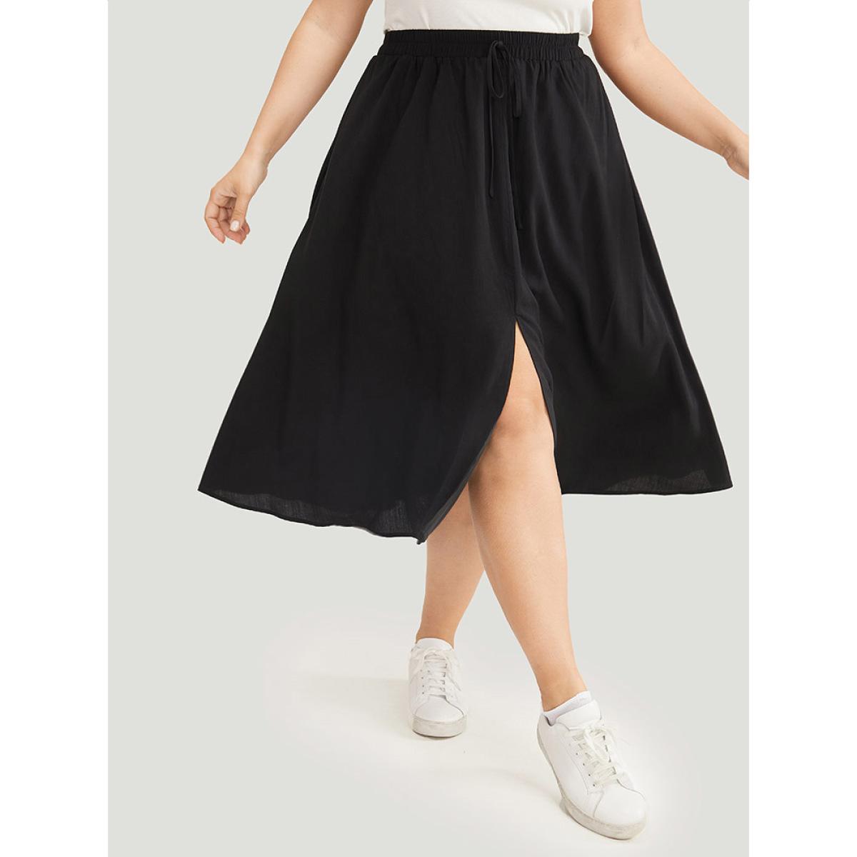 Plus Size Solid Pocket Knot Elastic Waist Split Hem Skirt Women Black Casual Knotted Loose No stretch Pocket Dailywear Skirts BloomChic 28/5X Product Image