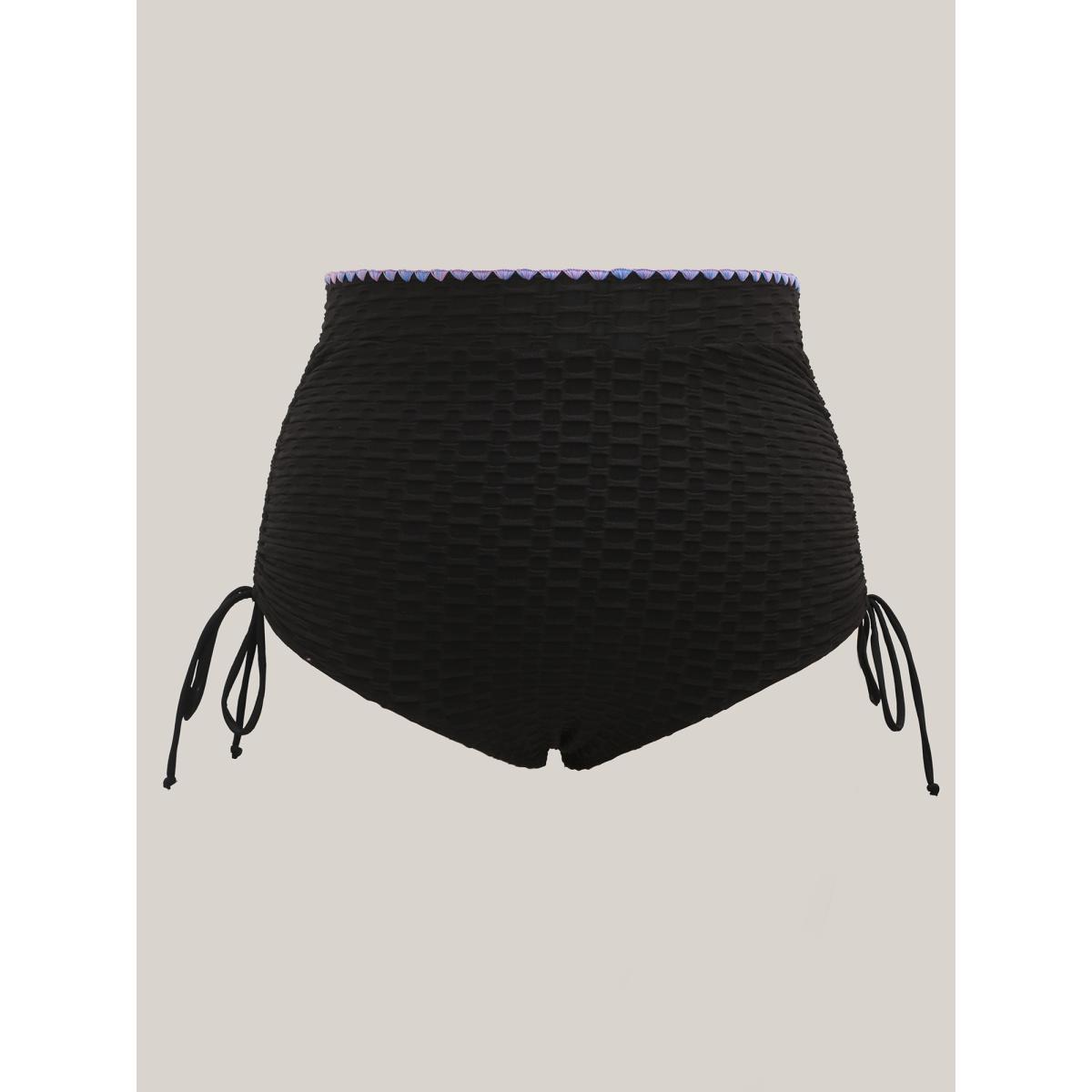 Plus Size High Waisted Embroidered Drawstring Swim Bottoms Women's Swimwear Black Beach Texture High stretch Skinny High Rise Curve Swim Bottoms BloomChic 12/L Product Image