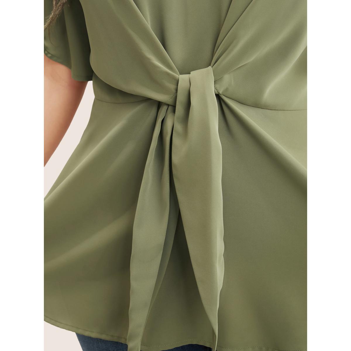 Plus Size ArmyGreen Plain Keyhole Knotted Front Ruffle Sleeve Blouse Women Office Short sleeve Round Neck Office Blouses BloomChic 26/4X Product Image