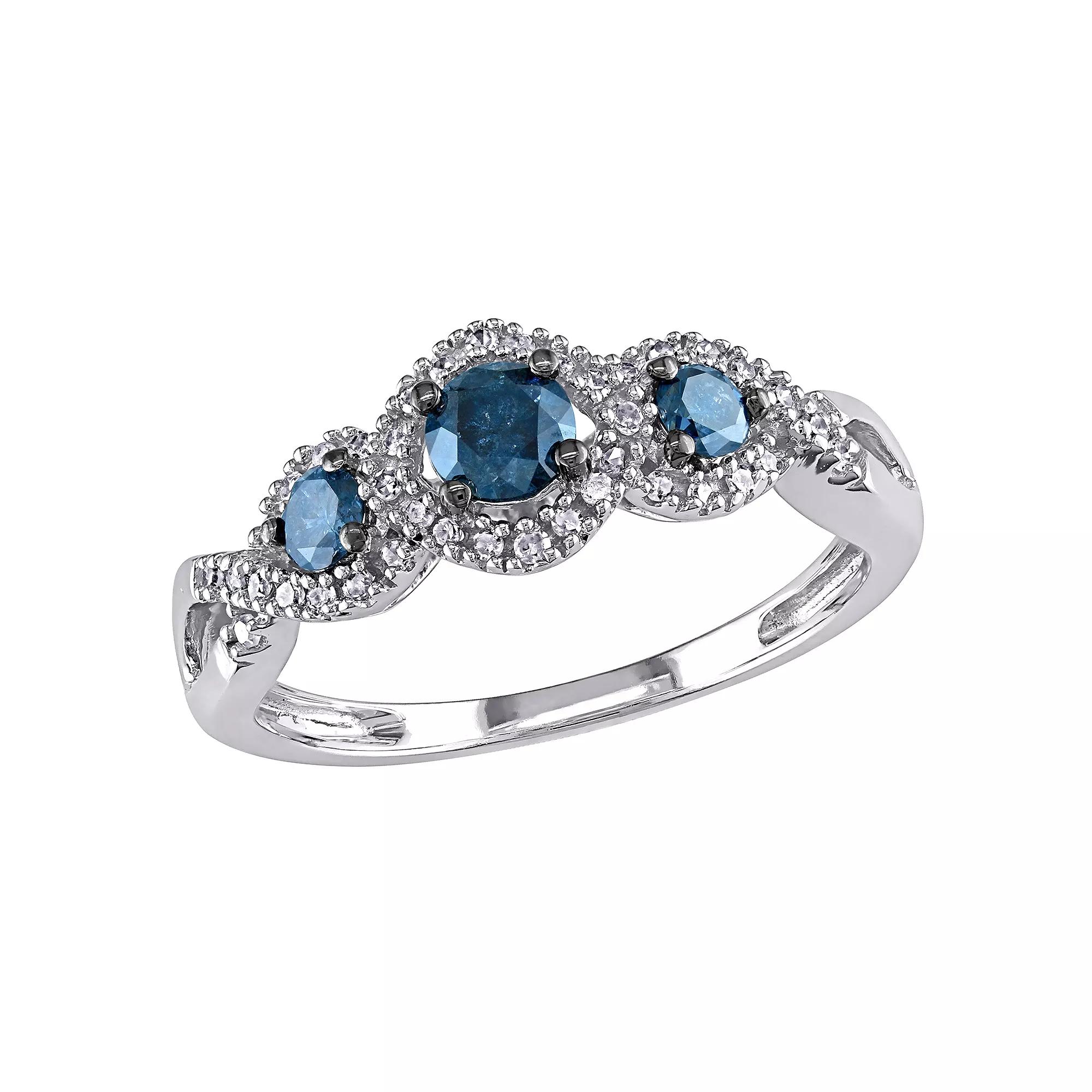 Stella Grace Round-Cut Blue & White Diamond 3-Stone Engagement Ring in 14k White Gold (1/2 ct. T.W.), Womens Product Image