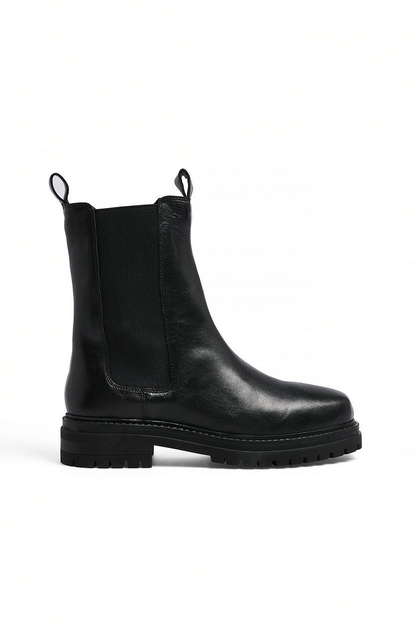 Leather Chunky Flat Sole Boots Product Image