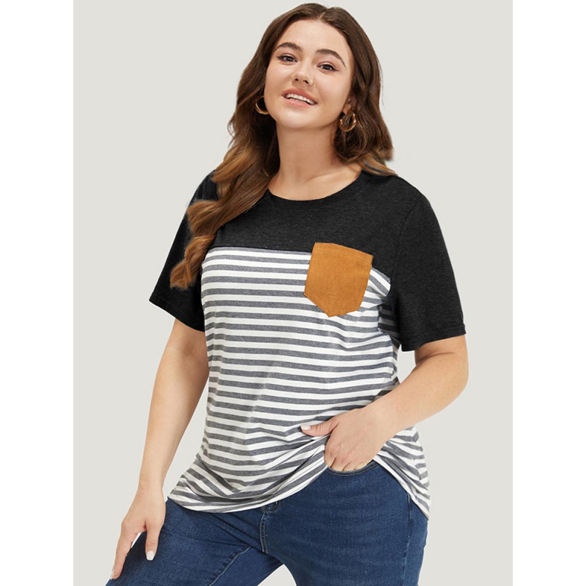 Plus Size Striped Patchwork Round Neck Patched Pocket T-shirt Black Women Casual Patchwork Striped Round Neck Dailywear T-shirts BloomChic 28/5X Product Image