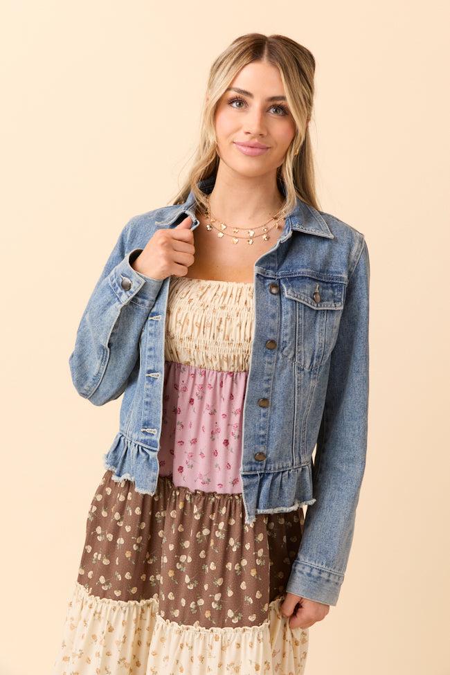 Denim Dreams Light Wash Peplum Detail Denim Jacket Product Image