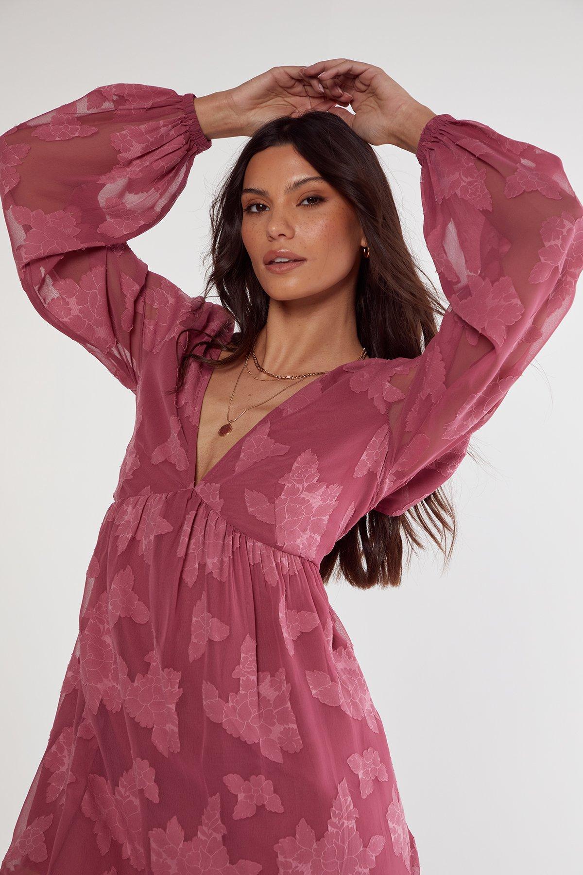 Jacquard Plunge Balloon Sleeve Tie Back Mini Tunic Dress Product Image