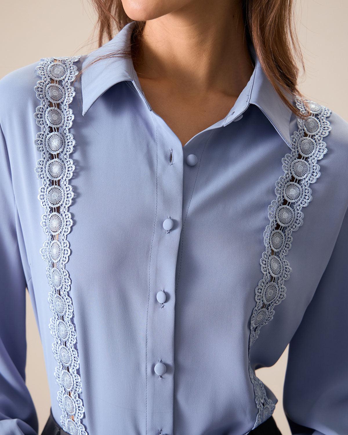 Women's Blue Lace Trim Shirt Female Product Image