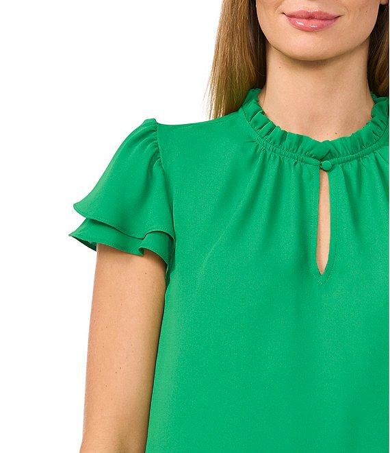 CeCe Woven Split Round Neck Flutter Sleeve Blouse Product Image