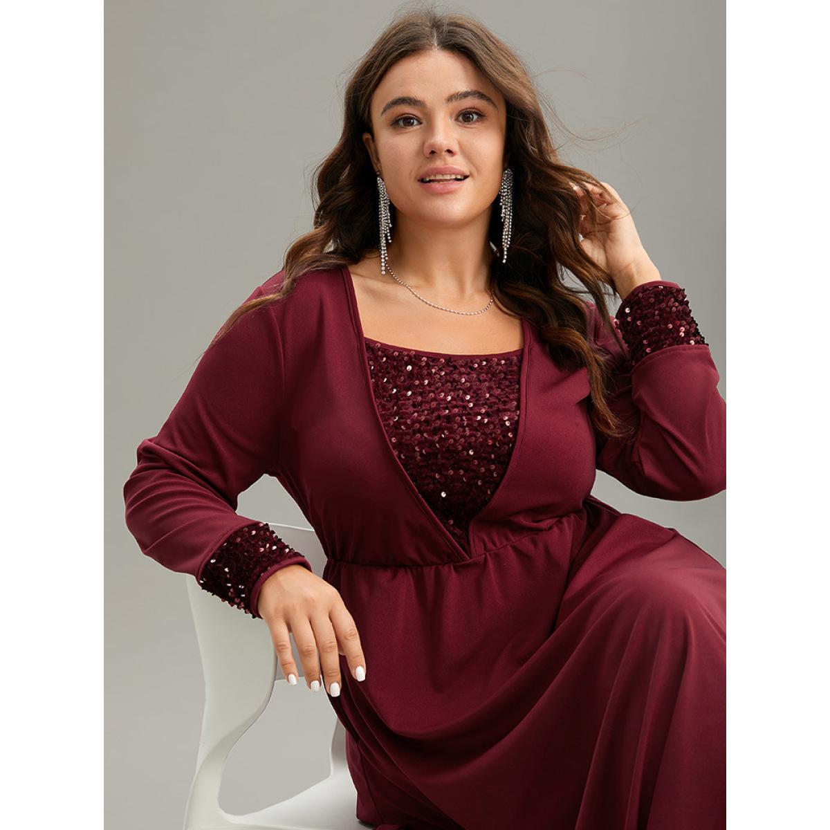 Plus Size Plain Sequin Patchwork Elastic Waist Dress Scarlet Women Glamour Sequin Square Neck Long Sleeve Curvy Midi Dress BloomChic 18-20/2X Product Image