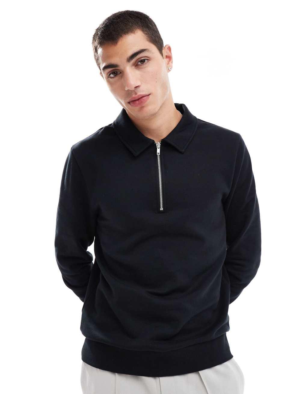 ASOS DESIGN polo sweatshirt with zip in black Product Image