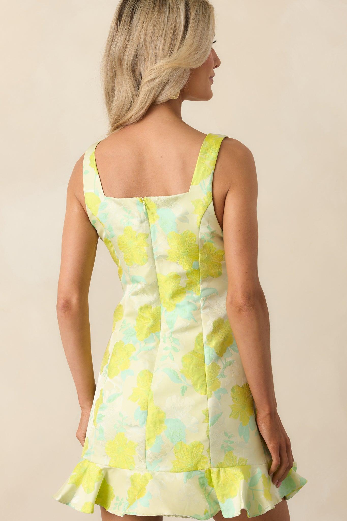 Sweet Like Honey Yellow Green Floral Jacquard Mini Dress Product Image