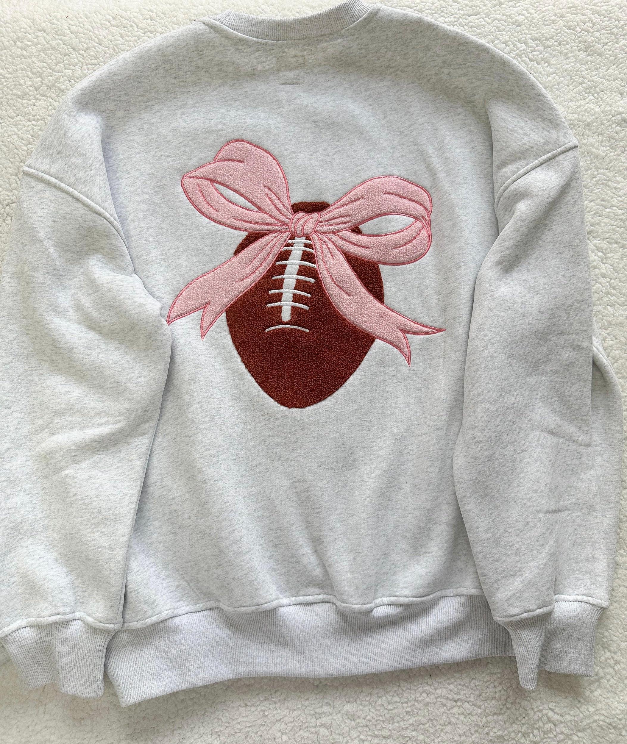 Pearl Grey Pink Bow Football Game Day Embroider Sweatshirt Product Image