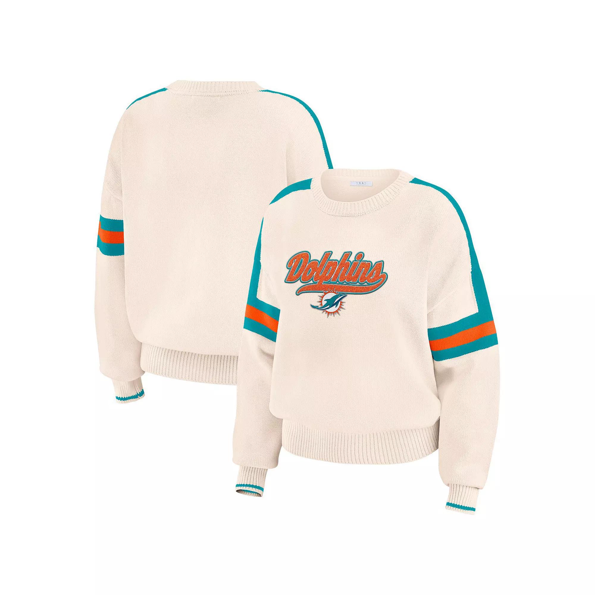Women's WEAR by Erin Andrews Cream Miami Dolphins Stripe Pullover Sweater,  Product Image