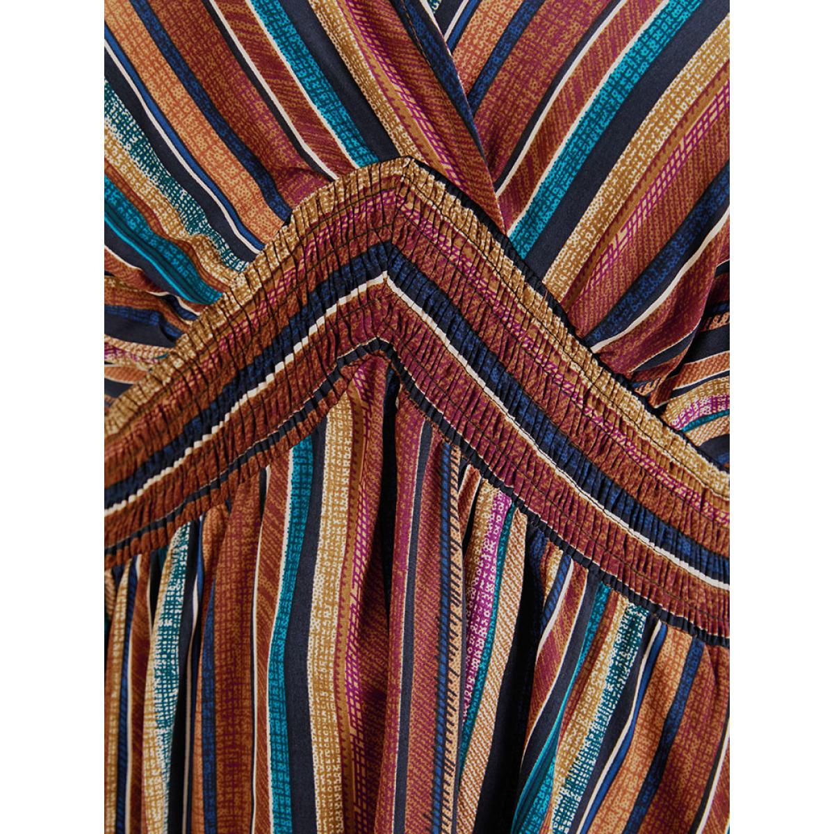 Plus Size DarkBrown Striped Contrast Shirred Wrap High Low Hem Pocket Blouse Women Vacation Short sleeve V-neck Vacation Blouses BloomChic 30/6X Product Image