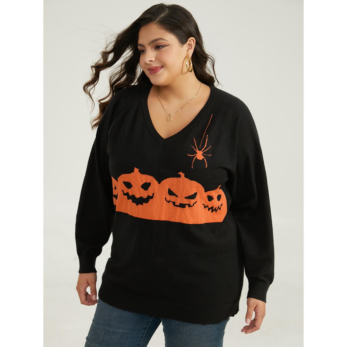 Plus Size Halloween Graphic Pumpkin V Neck Pullover Black Women Casual Loose Long Sleeve V-neck Dailywear Pullovers BloomChic 14-16/1X Product Image