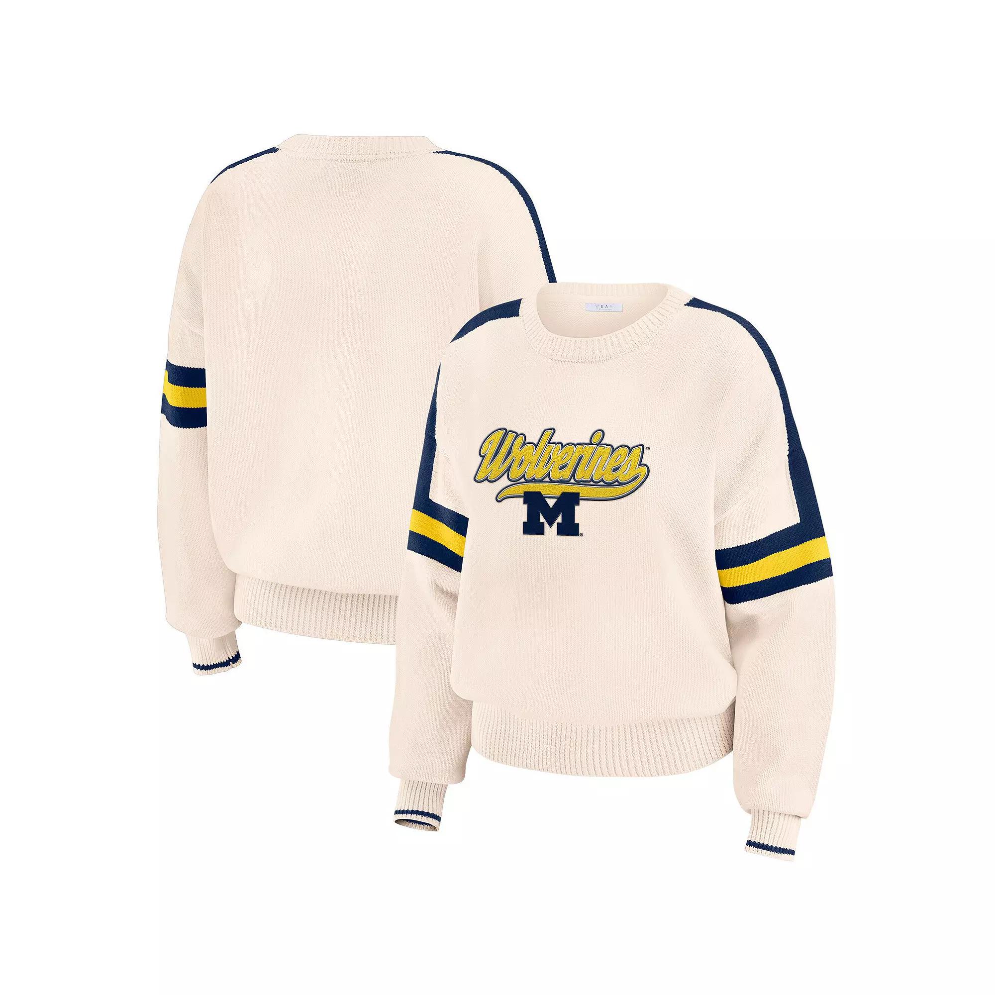 Women's WEAR by Erin Andrews Cream Michigan Wolverines Chenille Woven Patch Stripe Pullover Sweater,  Product Image