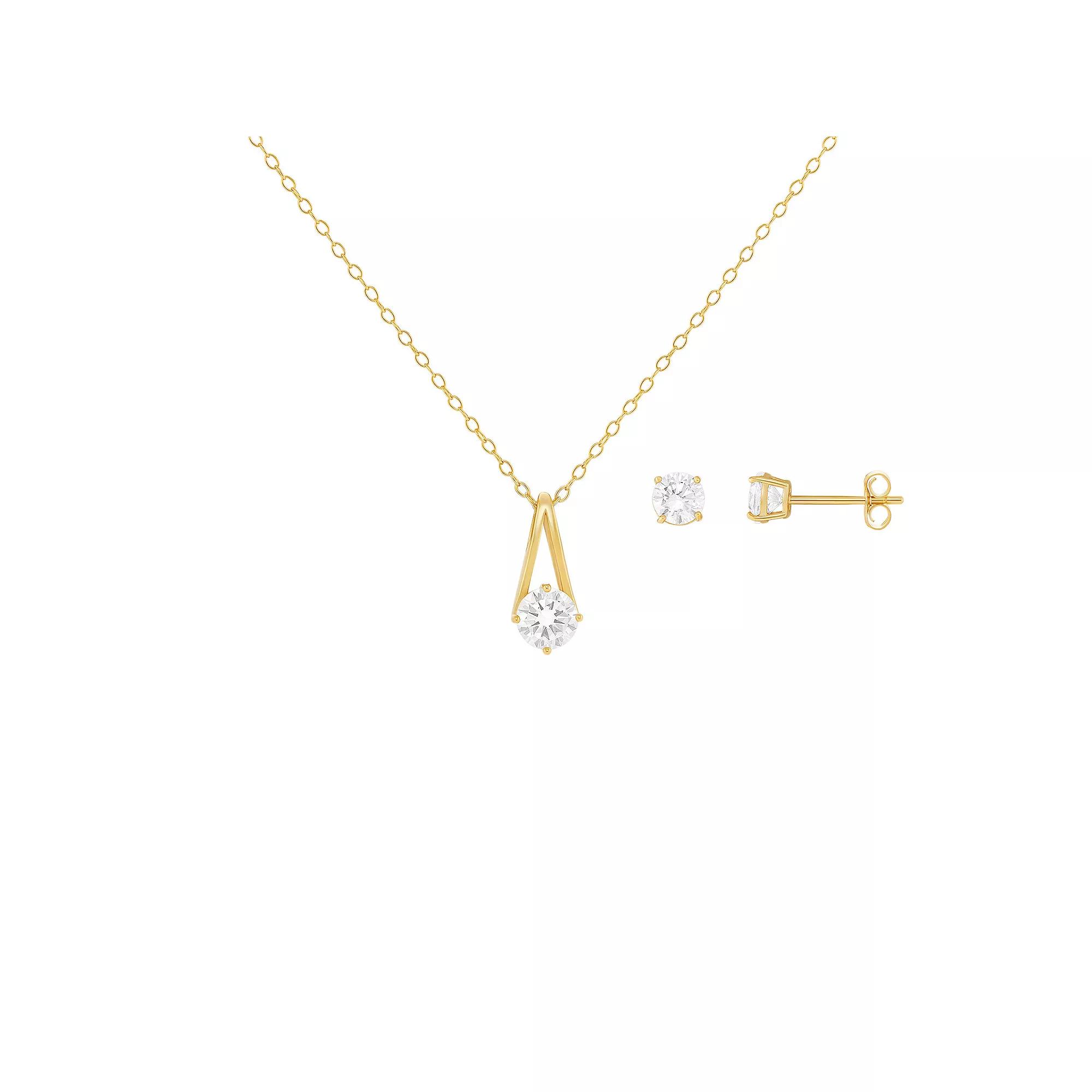 PRIMROSE 18k Gold Over Silver Cubic Zirconia Pendant Necklace & Stud Earring Set, Women's, Size: 18", Yellow Gold Tone Clear Product Image