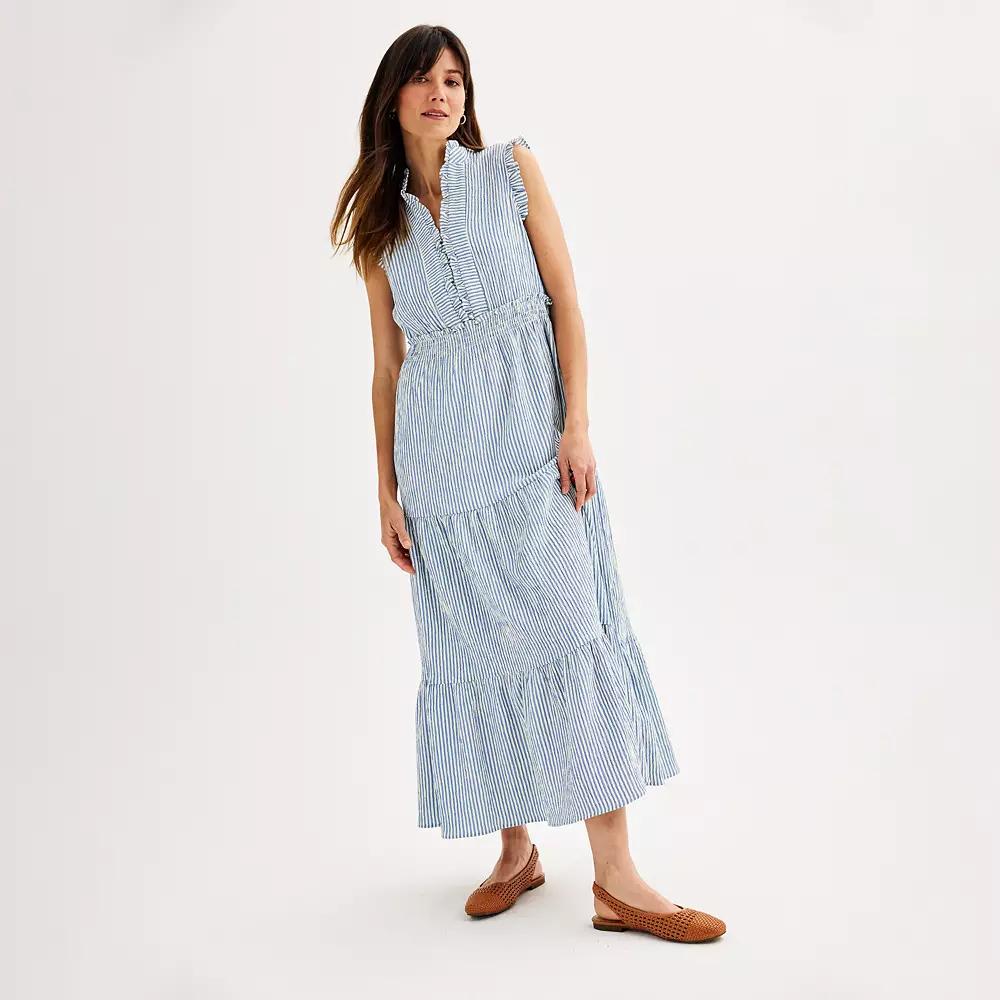 Women's London Times Smocked Waist Tiered Maxi Dress, Size: 18, Blue Stripe Product Image