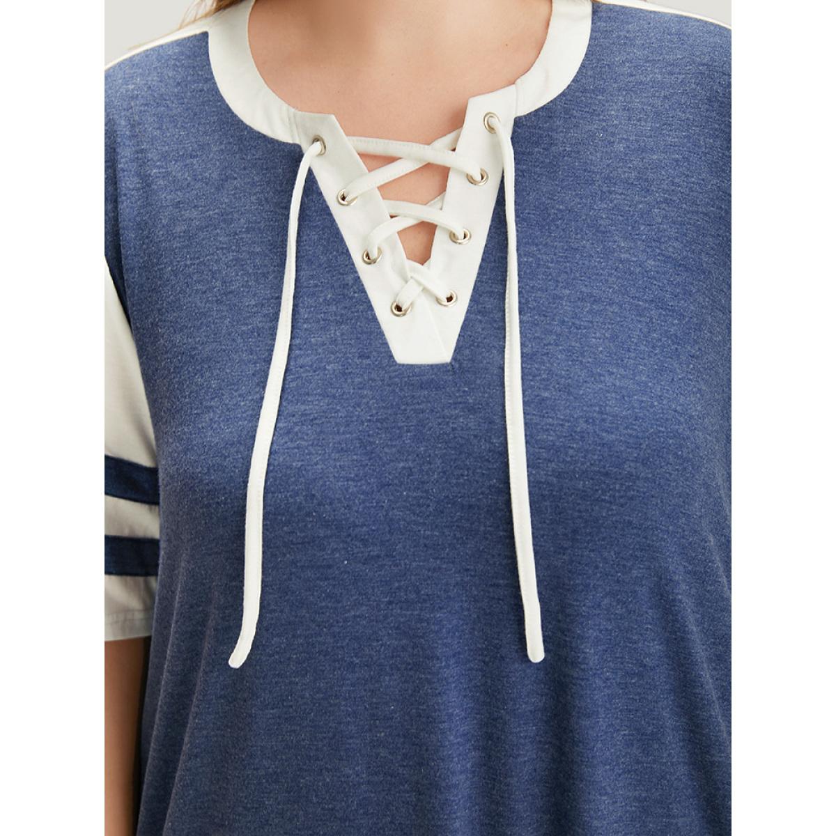 Plus Size Supersoft Essentials Striped Pocket Patchwork Lace Up Dress Indigo Women Casual Cross straps V-neck Short sleeve Curvy Knee Dress BloomChic 22-24/3X Product Image