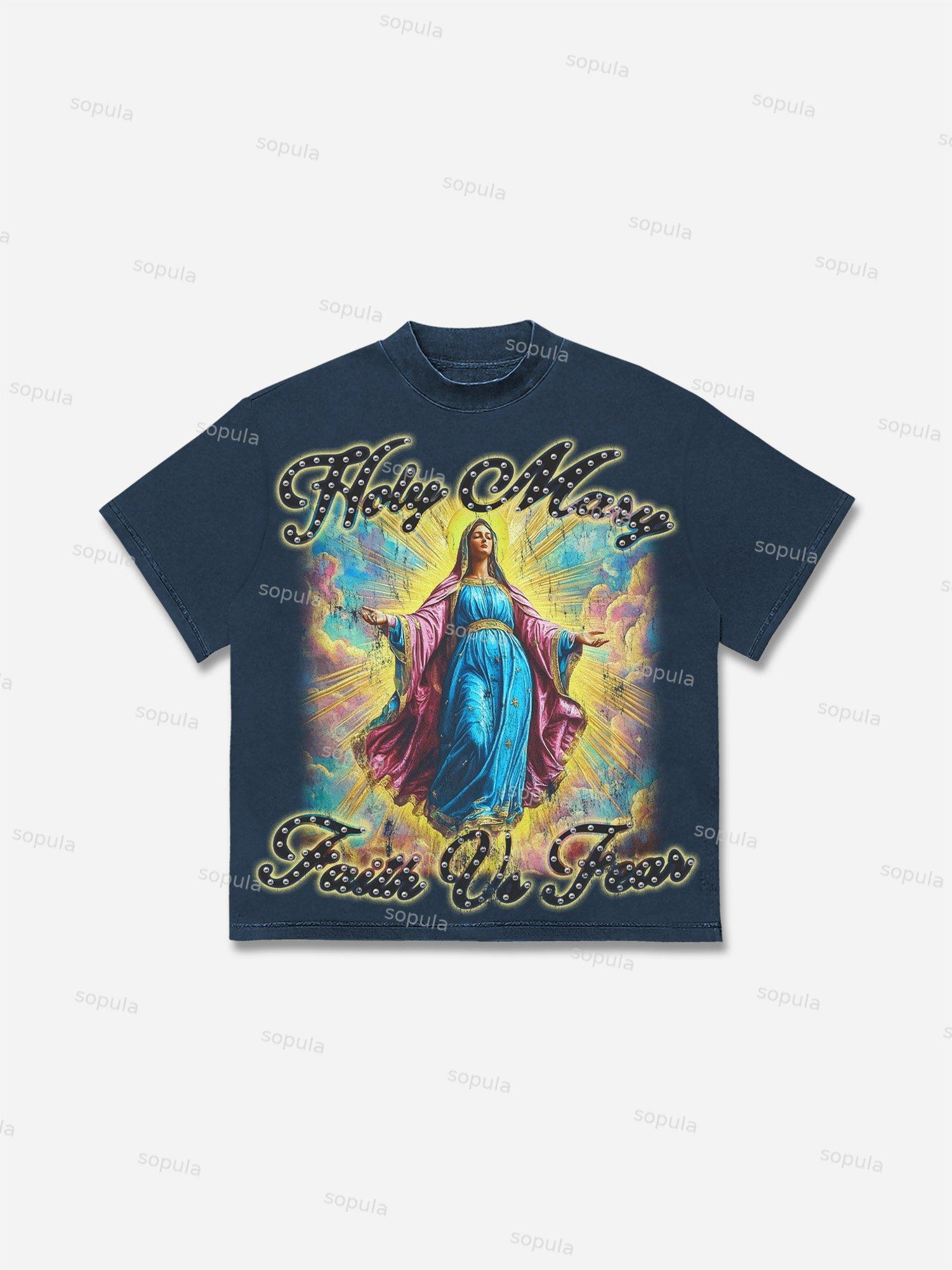Men's Faith Vintage Holy Mary Graphics Cotton T-shirt Product Image