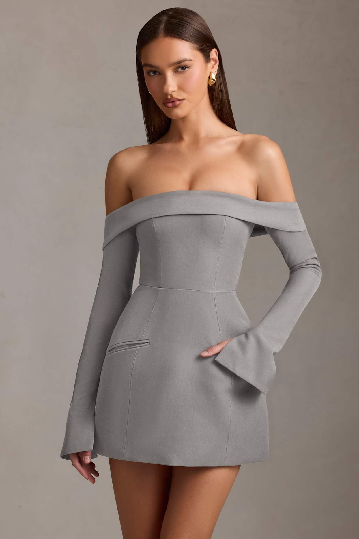 Off-Shoulder Structured A-Line Mini Dress in Grey Product Image