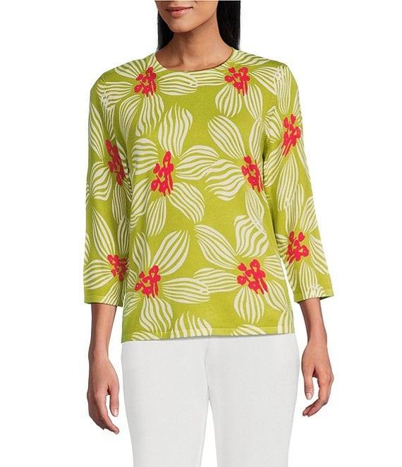 Investments Stripe Petals 3/4 Sleeve Crew Neck Top Product Image