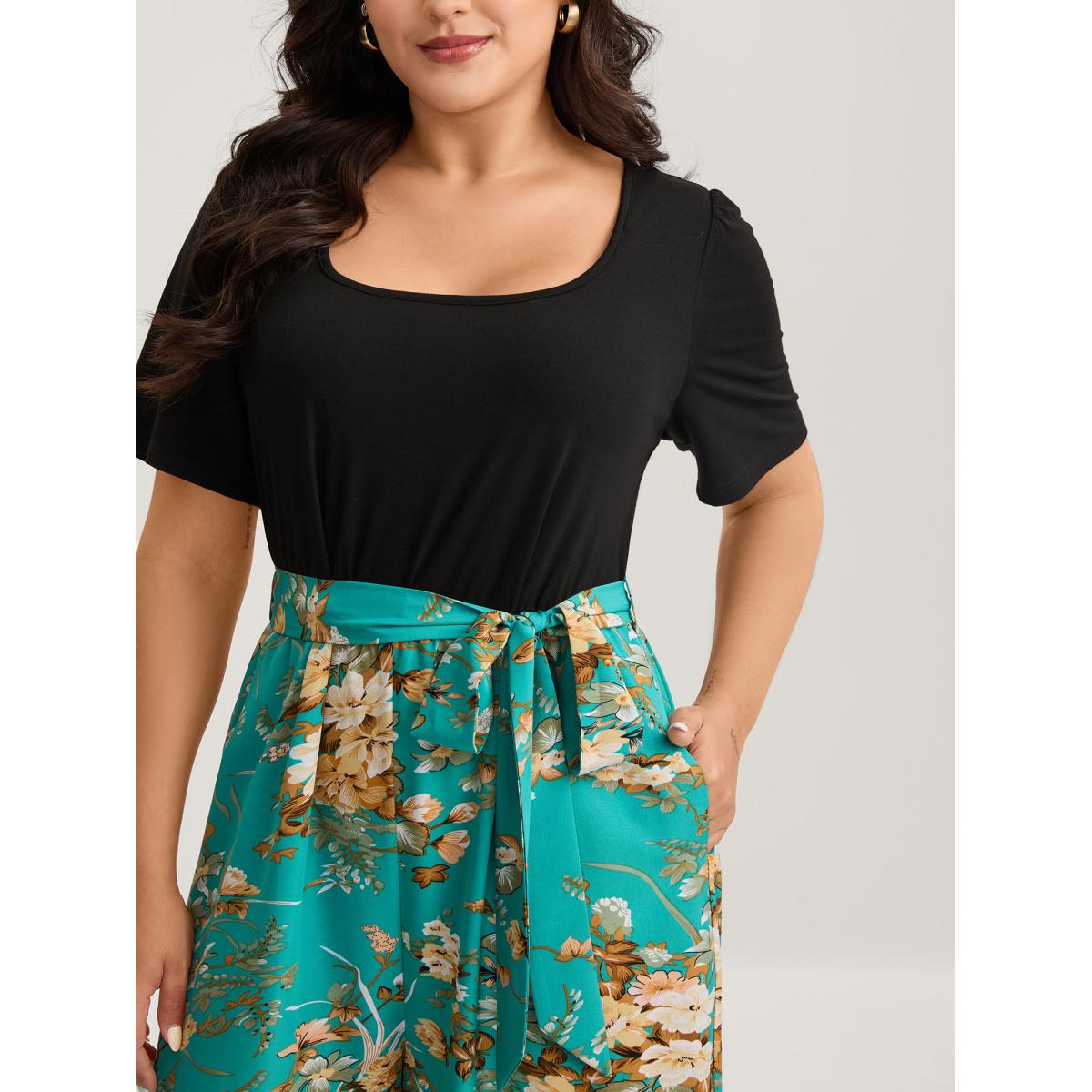 Plus Size Arctic Color Contrast Belted Panel Pockets Jumpsuit Women Timeless Short sleeve Square Neck Elegant Loose Jumpsuits BloomChic 10/M Product Image