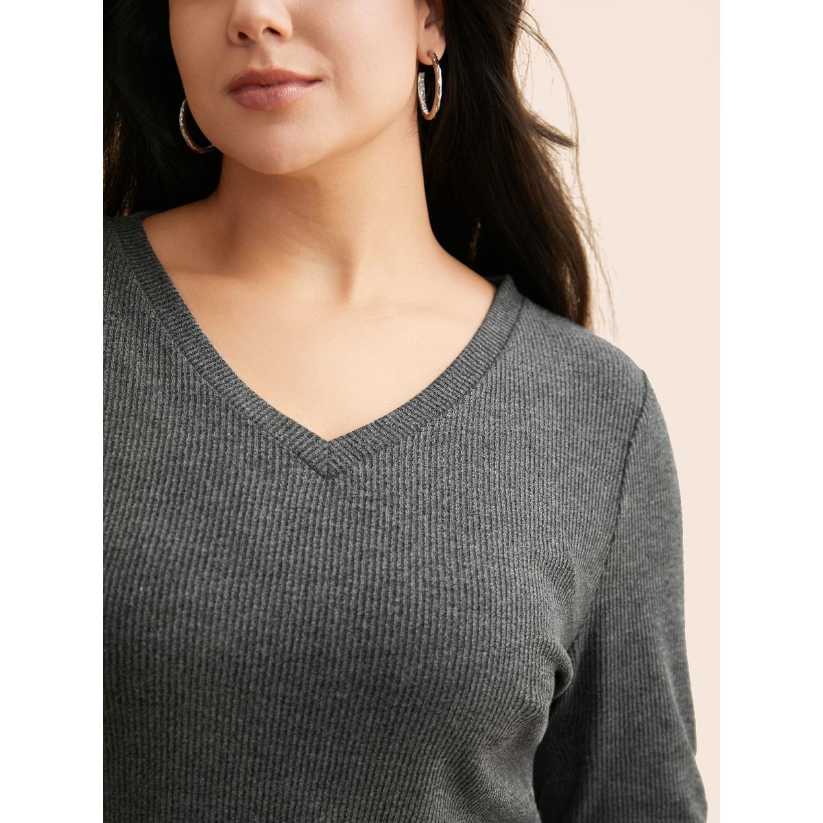 Plus Size Solid V Neck Asymmetrical Hem T-shirt DimGray Women Casual Texture V-neck Bodycon Everyday T-shirts BloomChic 12/L Product Image