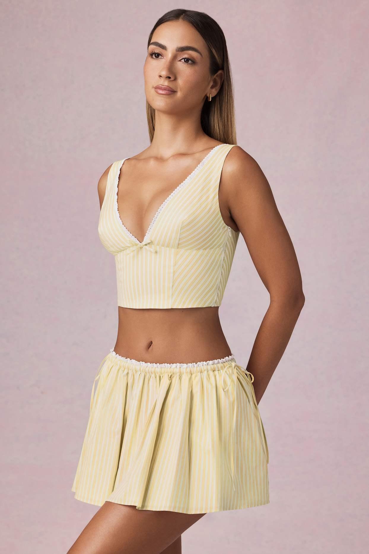 Ruched Drawstring Mini Skirt in Lemon Yellow Stripe Product Image