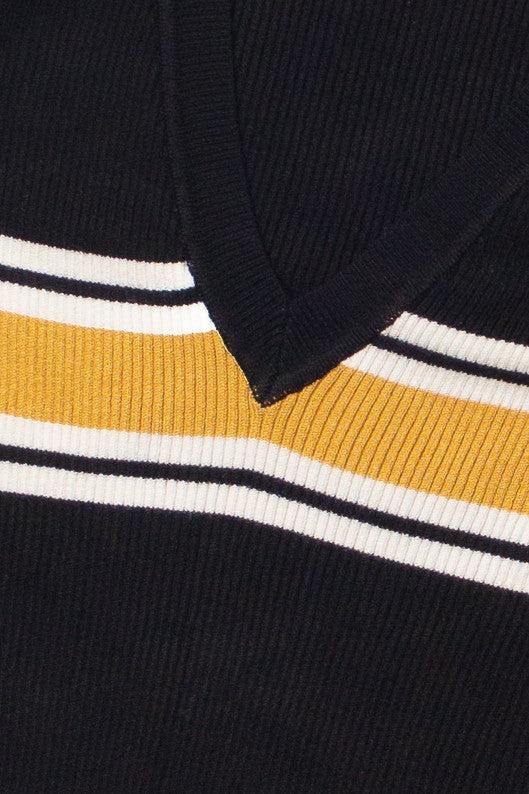 Ribbed V Neck Stripe Sweater Product Image