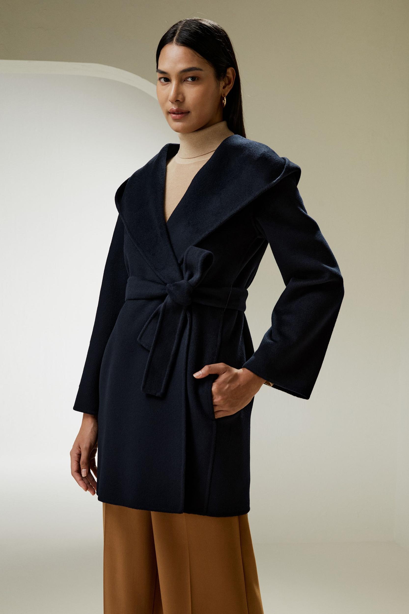 LILYSILK Womens Coats Navy Blue Cashmere Wool Comfortable Hooded Coat M Product Image