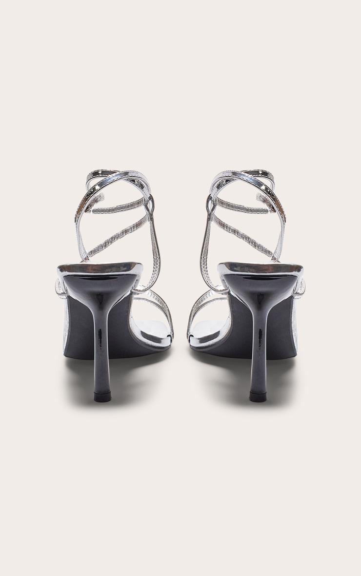 Silver Metallic PU Square Toe Asymmetric Strap Barely There Heeled Sandals Product Image