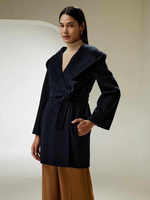 LILYSILK Womens Coats Navy Blue Cashmere Wool Comfortable Hooded Coat M Product Image