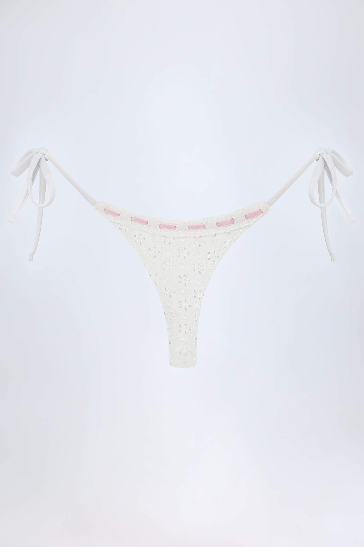 Broderie Anglaise Side-Tie Thong Bikini Bottoms in White Product Image