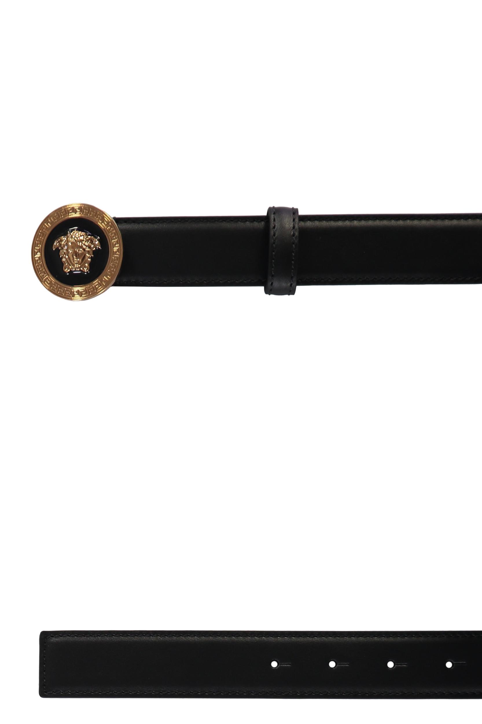 VERSACE Medusa Streamlined Leather Belt With Adjustable Length And Gold-tone Buckle In Black Product Image