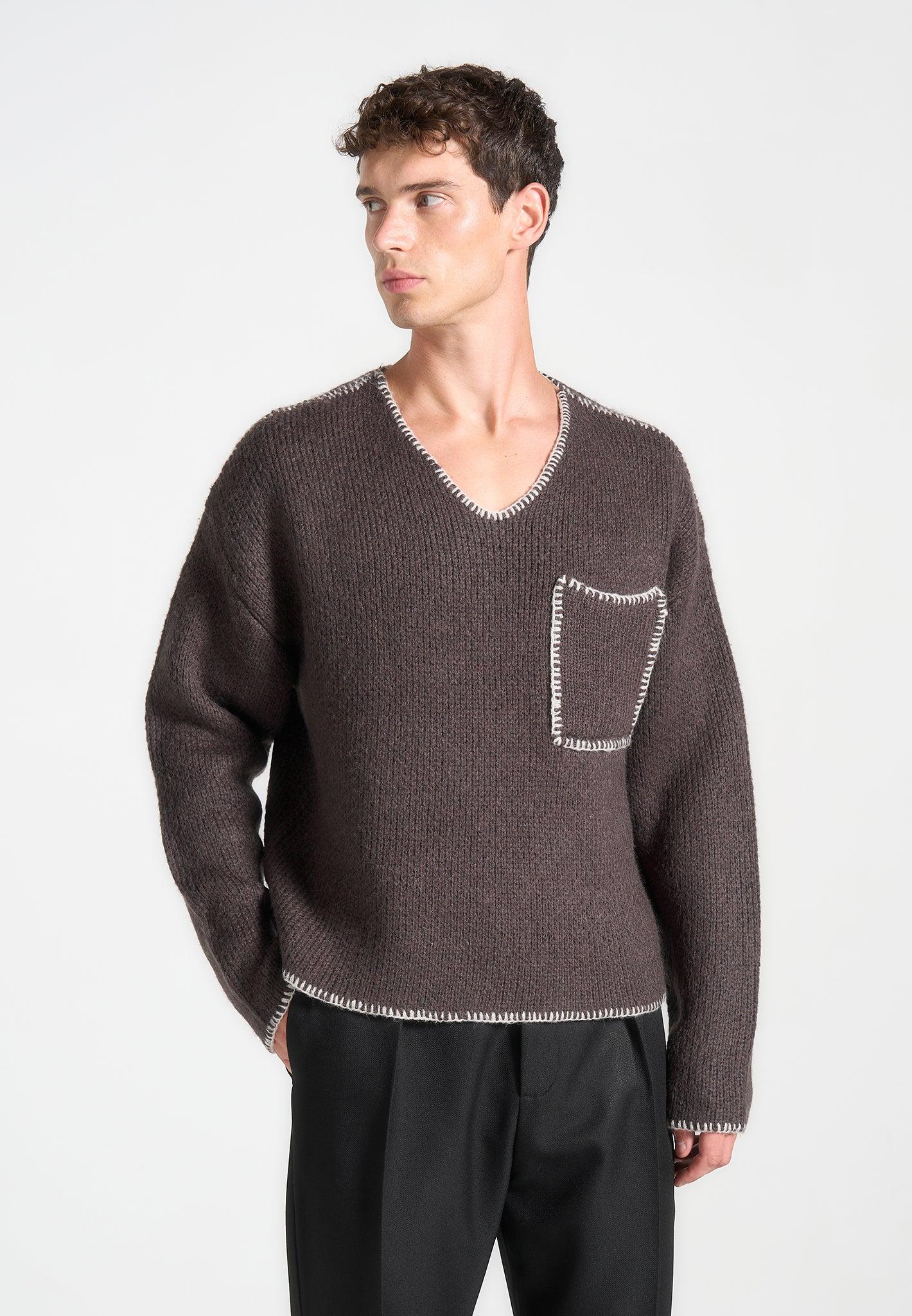 Mohair Knit Whipstitch V Neck Jumper - Brown Male Product Image