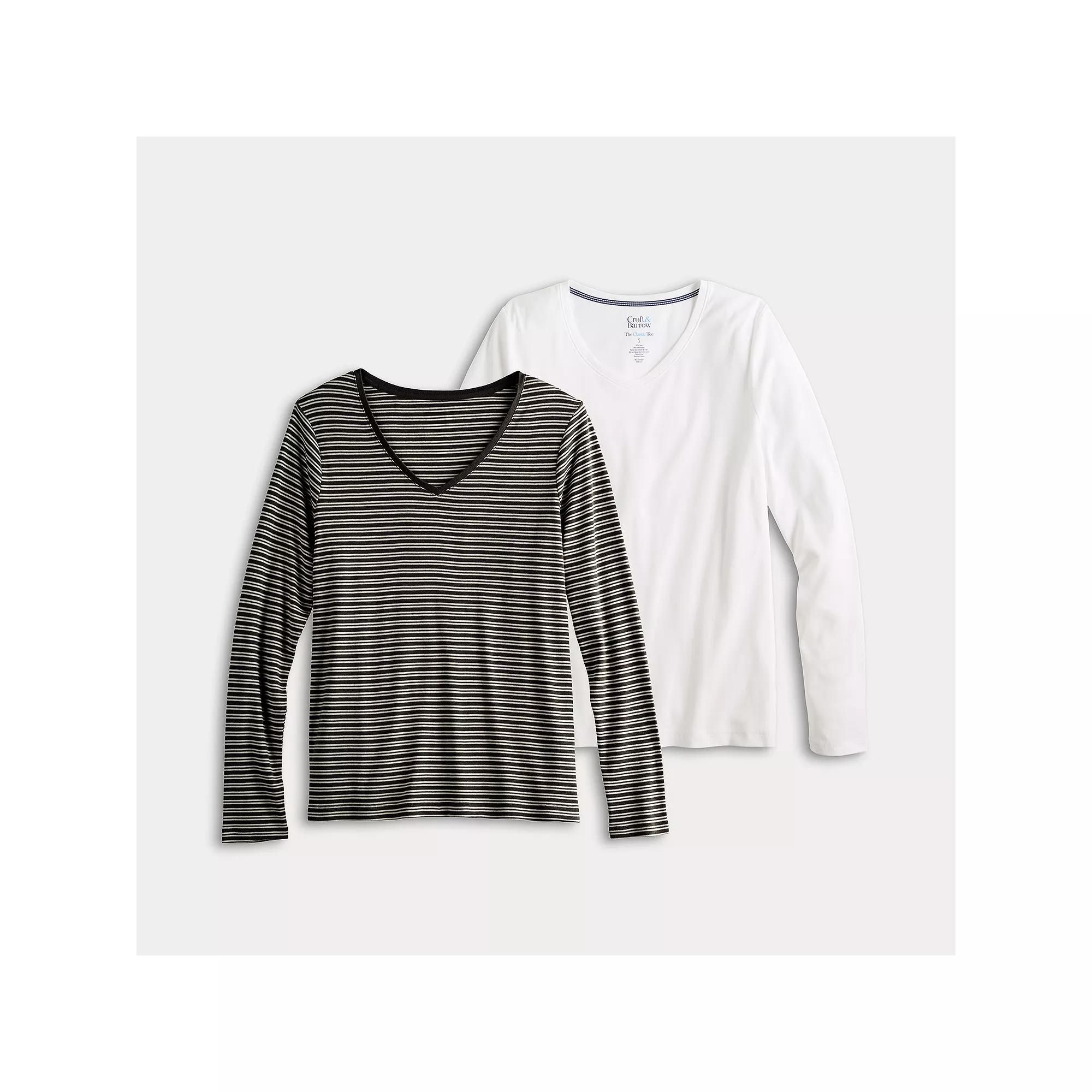 Women's Croft & Barrow® Long Sleeve 2-Pack V-Neck Tees, Size: Medium, Stripe White Pack Product Image