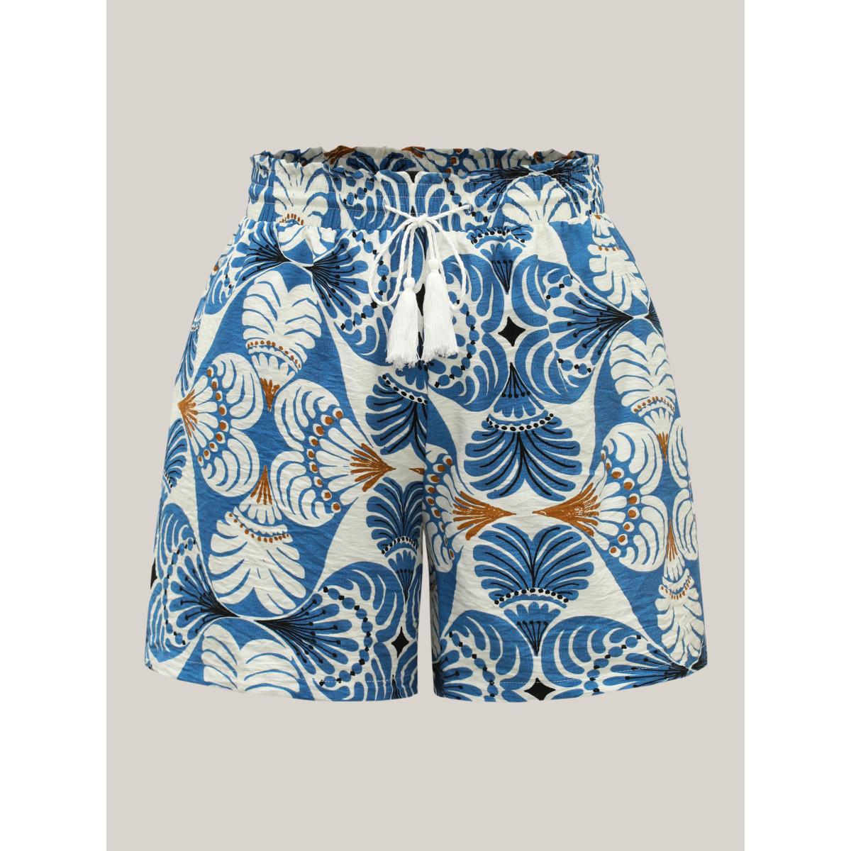 Plus Size Boho Print Shirred Waist Straight-Fit Shorts Women LightBlue Resort Drawstring Straight Leg Vacation Shorts BloomChic 12/L Product Image