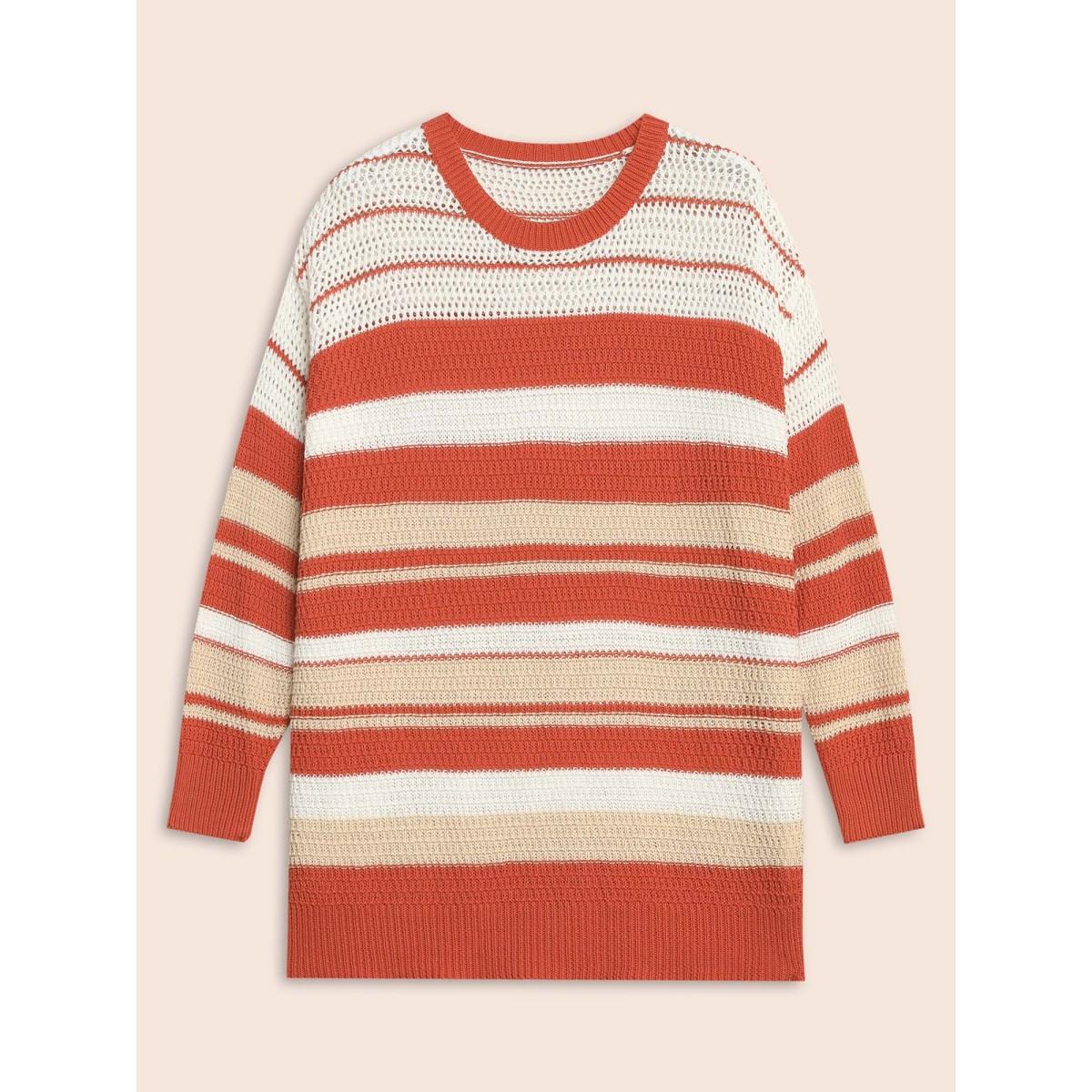 Plus Size Striped Contrast Cut Out Drop Shoulder Pullover Rust Women Playful Long Sleeve Round Neck Casual Pullovers BloomChic 14-16/1X Product Image
