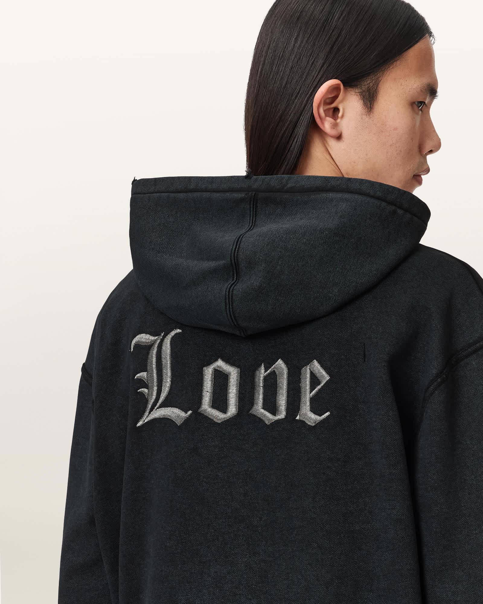 Utopia Embroidered Boxy Hoodie Washed Black | ALLSAINTS US Product Image